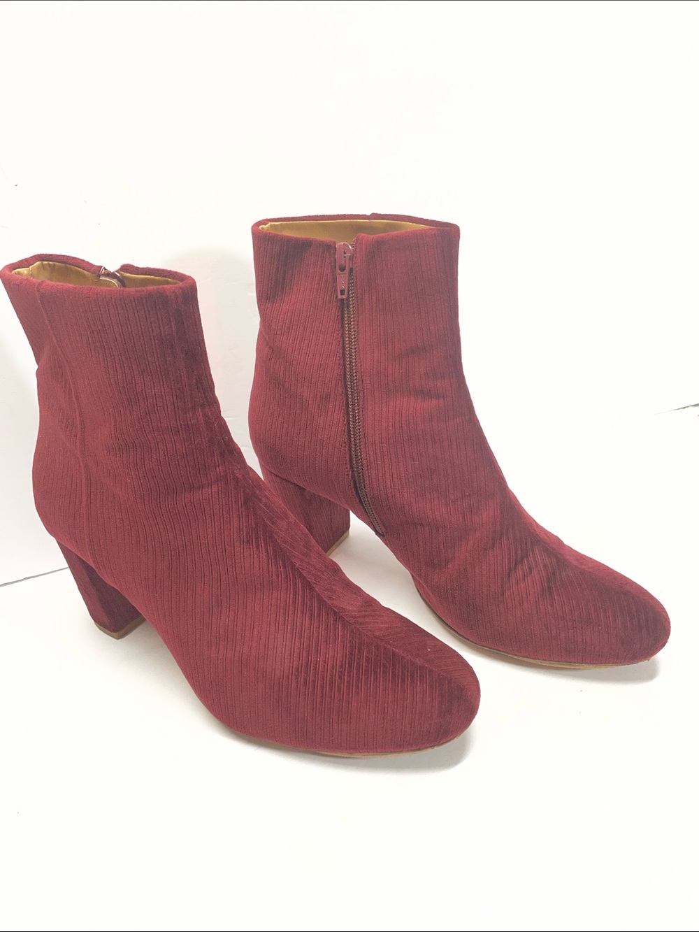 Sezane Wine Red Corduroy Ankle Boots with Side Zip